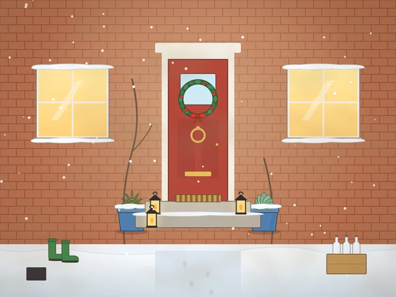 The front of a brick cottage on a winter evening: a red door with a holly wreath and brass knocker, glowing windows, lanterns on the steps, pots of winter plants, wellington boots, a boot scraper, a milk crate, a snowy path, a bare climbing rose and a cat looking out of the window.
