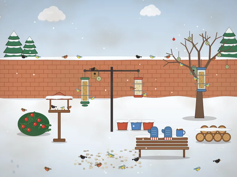 A snowy back garden crowded with bird feeders on a pole and in a tree, fat balls in nets, blue tits, robins and blackbirds, holly with berries, a bird table, a brick wall, snowy pots, a log pile, a bench under snow and seed scattered on the ground.