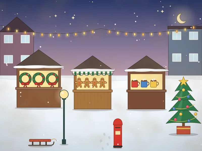 A winter market at dusk in a snowy square: wooden chalet stalls selling wreaths, gingerbread and hot drinks, strings of warm lights overhead, a lamp post, a decorated tree, a sledge, a postbox, snow on the roofs and stars coming out.