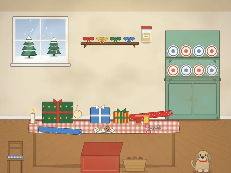 A kitchen table covered in present wrapping: rolls of patterned paper, wrapped parcels with bows, ribbon spools, gift tags, a roll of sticky tape and scissors, a plate of mince pies, a candle, a dresser of plates, a window with snow and a dog under the table.