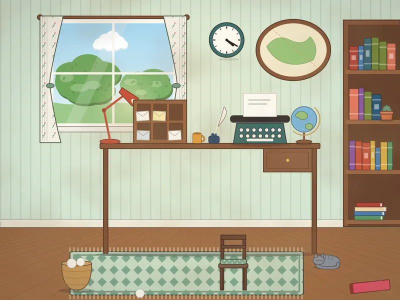 A study corner with a wooden writing desk holding a teal typewriter, pigeonholes of letters, a globe, an inkwell with a quill, a mug and a desk lamp, a window onto trees, a bookcase, a framed map, a wall clock, a chair with a cushion, a wastepaper basket, a red notebook on the floor and a grey cat curled up by the bookcase.