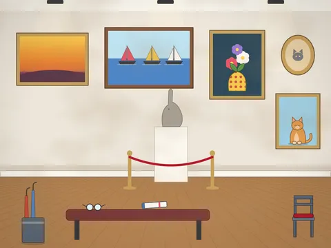 An art gallery room with a wooden floor: framed paintings of a sunset, boats, a vase of flowers and a cat, a small round portrait, a stone sculpture of a hare on a plinth, a rope barrier, a padded bench, a guard’s chair, a sketchbook and a pair of glasses left on the bench.