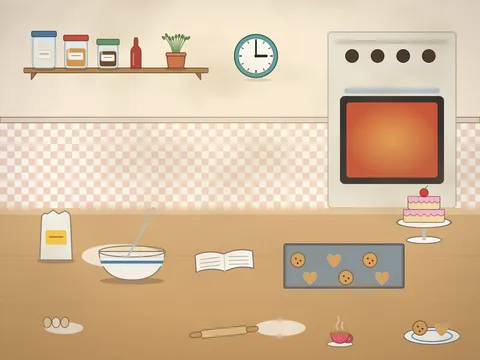 A kitchen table set for baking: a mixing bowl with a whisk, a rolling pin, a bag of flour, eggs, an open recipe book, a tray of heart and round cookies, a layered cake on a stand, jars on the shelf and an oven glowing behind.