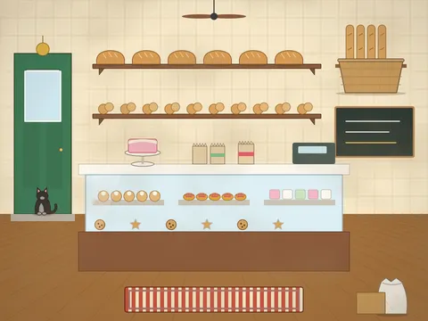 Inside a bakery: wooden shelves of loaves, baguettes and rolls, baskets of pretzels, a glass counter full of buns, tarts and iced cakes, a till, paper bags, a chalkboard, a cake on a stand, a ceiling fan, a bell over the door and a cat sitting on the step.