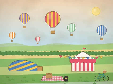 A hot-air balloon festival on an early summer morning: striped and patterned balloons rising over patchwork fields and hills, one balloon lying on the grass ready to be filled, a food tent with bunting, a picnic rug, a dog, a bicycle and a flock of birds.