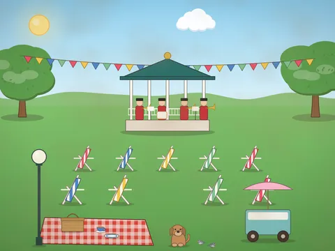 A park on a sunny afternoon: a green bandstand with players and music stands, rows of striped deckchairs on the grass, a picnic blanket with a hamper, an ice-cream cart with a parasol, bunting between trees, a lamp post, balloons, pigeons and a dog.