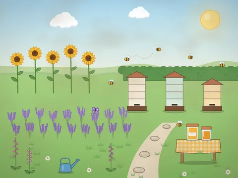 A sunny bee garden with three painted beehives, rows of lavender, tall sunflowers, foxgloves, bees in the air, a stone path, a jar of honey on a little table and a watering can.