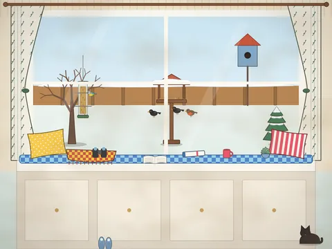 A window seat looking out on a winter garden with a hanging bird feeder, a bird table, a nest box and birds; inside are cushions, a blanket, binoculars, a bird book, a notebook, a mug of cocoa, a plant and a sleepy cat.
