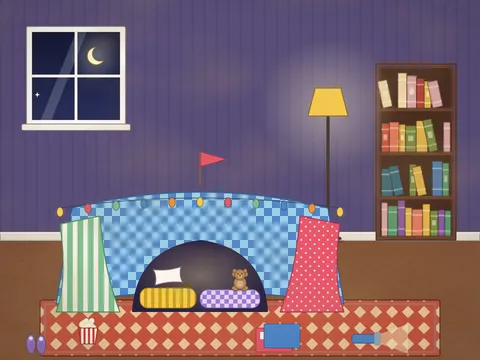 A living room turned into a den: blankets draped over two chairs and the sofa, a string of fairy lights, cushions and sleeping bags inside, a torch, comics, a bowl of popcorn, a teddy, a flag on top, a lamp, a bookcase, a dark window and a cat peeping out.