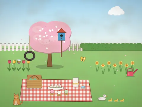 A spring garden picnic under a blossoming cherry tree: a checked rug with a basket, sandwiches, cupcakes and a jug of lemonade, daffodils and tulips, a bird house in the tree, a kite caught in the branches, a duck and ducklings walking past and petals falling.