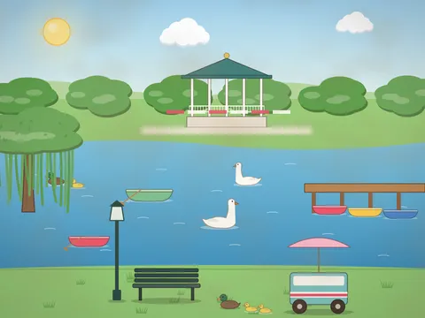 A park boating lake with rowing boats, a pair of swans, ducks, a weeping willow, a striped bandstand on the far bank, lamp posts, a park bench, an ice cream cart and a family of ducks on the grass.