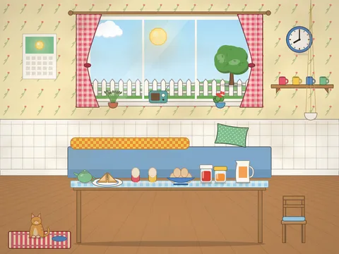 A kitchen corner in the morning: a cushioned bench under a window, a table with toast, boiled eggs in egg cups, jam jars, a jug of orange juice, cereal bowls and a teapot, a radio and plants on the windowsill, a wall calendar, a hanging plant and a cat by its bowl.