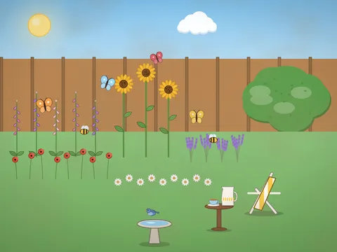 A summer flower border along a wooden fence: foxgloves, sunflowers, daisies, poppies and lavender, butterflies and bees, a striped deckchair under a tree, a jug of lemonade on a little table, a hedgehog and a bird bath.