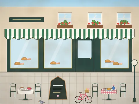 A café with a striped awning and big windows, round tables with cups and plates on the pavement, bistro chairs, flower boxes, a chalkboard sign, a bicycle with a basket of flowers, a lamp post and pigeons.