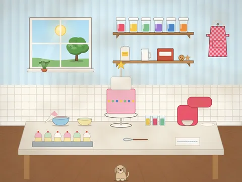 A kitchen table set for cake decorating: a tall iced cake on a stand with a topper, bowls of coloured icing, piping bags, jars of sprinkles, a tray of cupcakes, a whisk and a mixer, with shelves of jars, a window, a hanging apron and a dog hoping for crumbs.