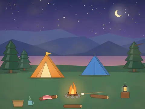 A campsite at dusk: two tents, one lit from inside, a campfire with logs to sit on and marshmallows toasting, a lantern on a stump, pine trees, mountains under a starry purple sky with a crescent moon and an owl on a branch.