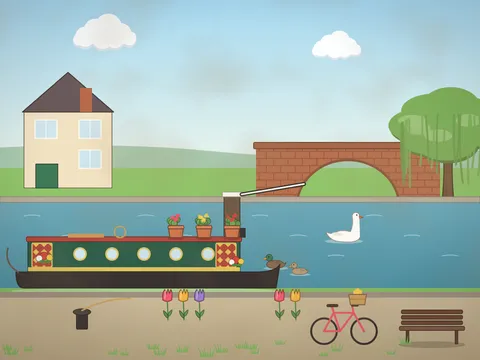 A canal on a summer afternoon: a green narrowboat with painted panels and flower pots on its roof, a lock gate with a white balance beam, a brick humpback bridge, a weeping willow, a lock keeper’s cottage, swans and ducks, a towpath with a bicycle and a bench.
