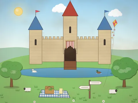 A castle with round towers, battlements and flags on a green hill, a drawbridge over a moat with ducks and a rowing boat, a banner over the gate, sheep grazing, oak trees, a signpost and a family picnic blanket with a hamper.