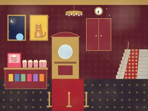 The foyer of an old cinema: a ticket booth with a round window, a popcorn machine and boxes of popcorn, a sweet counter, film posters in frames, a red carpet and brass rope posts, wall lights, a chandelier, stairs up to the screens and a clock above the doors.