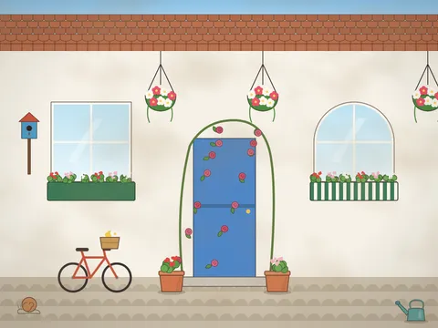 The sunny front of a whitewashed cottage: a blue stable door, two windows with flower boxes, hanging baskets of trailing flowers, a climbing rose over the door, pots of geraniums on the step, a bicycle against the wall, a cat on the sill and a bird house.