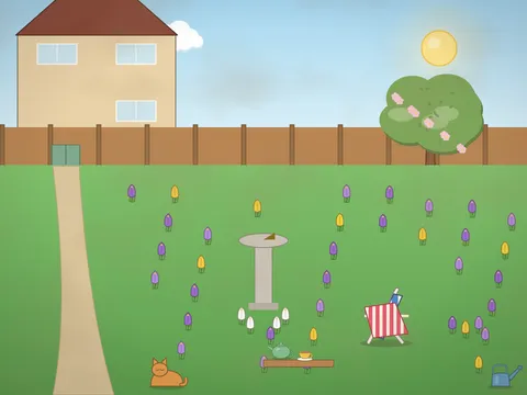 A garden lawn in early spring covered in purple, white and yellow crocuses, a sundial, a deckchair with a blanket, a cup of tea on a tray, a bee, a cherry tree just starting to blossom, a cat stretching in the sun and a path to a little gate in the fence.