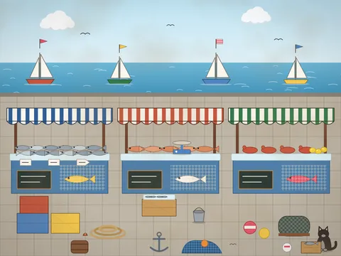 A harbour fish market in the morning: stalls under striped awnings with crates of fish on crushed ice, crabs and lobsters, lemons, scales and price cards, stacked crates, coiled ropes, buoys and lobster pots on the quay, fishing boats with flags behind, an anchor, a barrel, a heap of nets, gulls and a cat waiting for scraps.