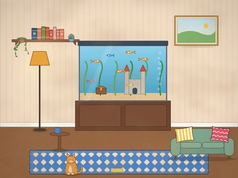 A living room corner with a big fish tank on a wooden stand: bright fish, a little castle, a treasure chest, water weed, pebbles and bubbles; around it a sofa with cushions, a lamp, a shelf of plants and books, a picture and a cat watching the fish.