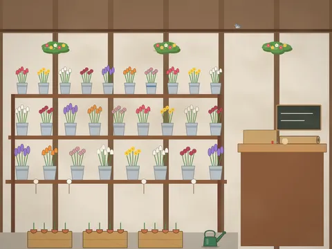 A covered flower market: tiered stands of zinc buckets crammed with tulips, daffodils, roses and hyacinths, price cards on sticks, a wrapping counter with brown paper and string, a till, a chalkboard, hanging baskets, a watering can, crates of potted bulbs and a pigeon on a beam.
