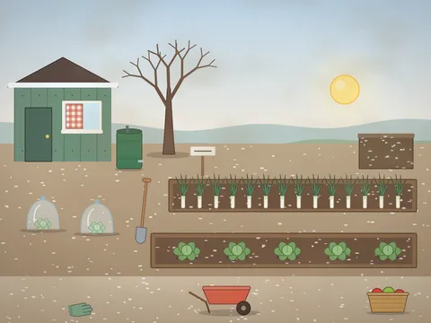 An allotment on a frosty morning: a green shed with a curtained window, a bare tree, raised beds of leeks and cabbages, glass cloches, a water butt, a wheelbarrow, a spade in the soil and a low winter sun.