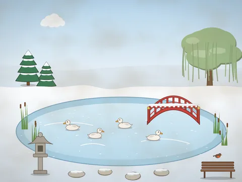 A frozen garden pond: ducks standing on the ice, frosted reeds and grasses, a small red wooden bridge, a stone lantern, a heron on the bank, a weeping willow, snowy stepping stones and a bench, under a pale blue sky.