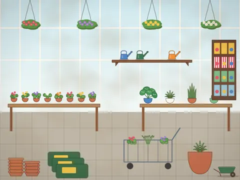 A garden centre: wooden benches of potted plants and flowers, a rack of seed packets, stacks of terracotta pots, bags of compost, a watering can display, a gnome, a trolley full of plants, a greenhouse roof and hanging baskets.