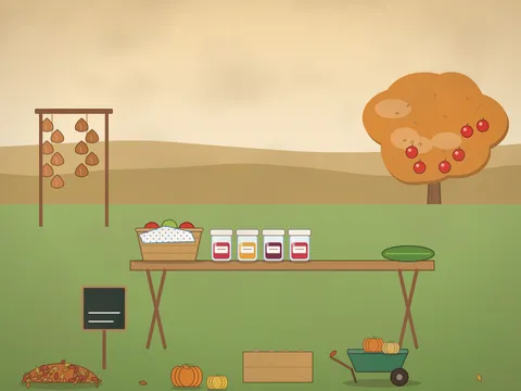 An autumn garden with a trestle table of harvest: squashes, a basket of apples, strings of onions, jars of jam, a marrow, a pumpkin, a crate of potatoes, a chalkboard sign, a wheelbarrow, an apple tree with falling leaves and a squirrel.