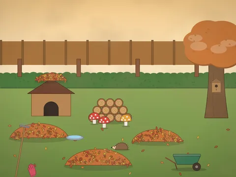 The wild end of a garden in late autumn: a wooden hedgehog house under a hedge, a hedgehog among fallen leaves, a log pile with toadstools, a bird box on a tree, a dish of water, a wheelbarrow of leaves, a rake, a robin on a fence post and a low golden sun.