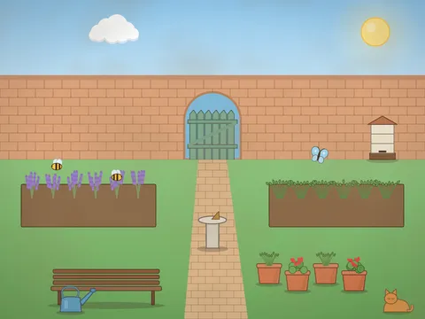 A sunny walled herb garden: raised beds of lavender and herbs, a beehive with bees, a sundial on a brick path, a wooden bench, terracotta pots, a watering can, butterflies, a brick wall with an arched gate and a blue sky.