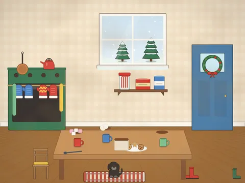 A warm kitchen after a snowy walk: a table with mugs of hot chocolate topped with marshmallows and cream, a pan on the stove, a plate of biscuits, a jar of candy canes, mittens and a scarf drying on a rail, wellies by the door, a snowy window and a dog asleep on a mat.