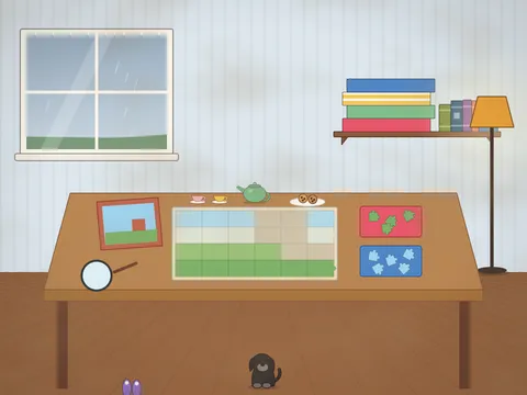 A table by a rainy window with a half-finished jigsaw of a cottage, the box lid propped up for the picture, loose pieces sorted into trays, a magnifying glass, a teapot and cups, a plate of biscuits, a reading lamp, a dog asleep under the table and a stack of other puzzle boxes on a shelf.