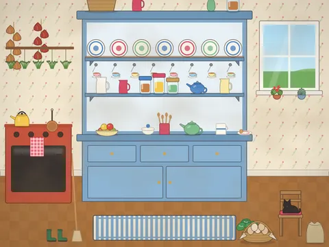 A farmhouse kitchen with a big painted dresser: rows of patterned plates, cups on hooks, jugs, jars, a sugar bowl, a pot of wooden spoons, a teapot and a saucer with a biscuit, with a range stove, strings of onions, drying herbs, a tea towel, a basket of eggs and a cat on a chair.
