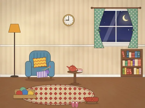 A sitting room in the evening: an armchair with a cushion under a standing lamp, a basket of wool balls, a half-knitted scarf on needles, a side table with a teapot and cup, a footstool, a bookcase, a wall clock, a dark window with a crescent moon and a cat.