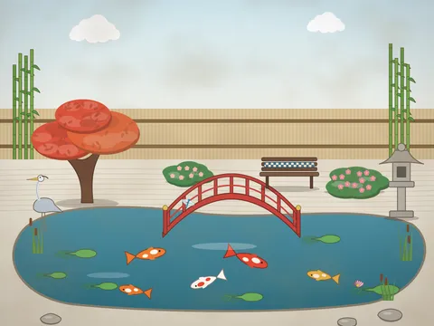 A quiet garden with a pond of orange and white koi, lily pads, a red arched bridge, a stone lantern, a red maple tree, bamboo by a reed fence, raked gravel with stepping stones, pink azaleas, a heron at the edge and a bench with a cushion.