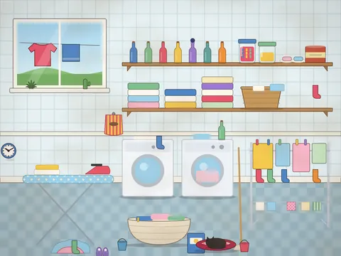 A tiled laundry room: a washing machine and a tumble dryer, shelves of bottles, jars of pegs and stacks of folded towels, a clothes airer hung with socks, shirts and flannels, an ironing board with an iron, a laundry basket, a window onto a garden washing line and a cat in a basket.