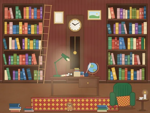 A library room with floor-to-ceiling bookcases packed with books, a rolling ladder, a tall clock with a pendulum, a reading desk with a green lamp, a globe, stacks of books and papers, an armchair with a blanket, a patterned rug with a little dog sitting on it.