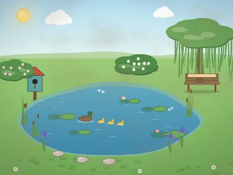 A garden pond surrounded by reeds and irises, with lily pads and pink water lilies, a duck and her ducklings, a frog on a stepping stone, dragonflies and a wooden bench under a weeping tree.