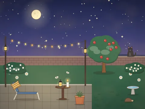 A garden at night under a starry sky and a big moon: a string of warm lights over a tiled patio, a lounger with a cushion, a table with a lantern and moths, white flowers, an owl in an apple tree, a hedgehog on the lawn and a cat on the wall.