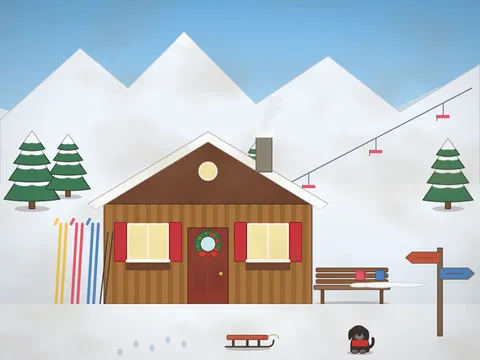 A wooden mountain hut with a snowy roof, a smoking chimney, red shutters and window boxes, skis and poles leaning by the door, a bench with mugs, a sledge, a signpost, a ski lift on the slope behind, pine trees, snowy peaks and a dog in a red coat.