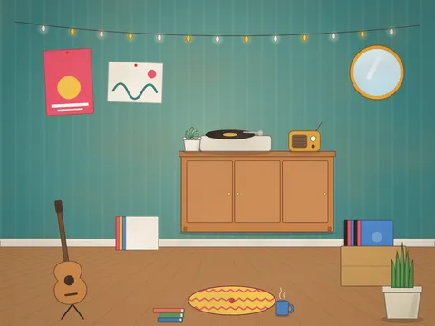 A cosy music corner with a teal wall, a record player on a sideboard, a crate of records, an acoustic guitar on a stand, a floor cushion, posters and a round mirror, a tall plant, a radio and string lights.