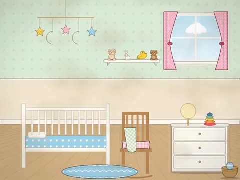 A nursery with pale green walls: a white cot with a blanket and a mobile of stars and moons above it, a rocking chair with a cushion, a shelf of soft toys, a lamp, a chest of drawers with a stacking toy, a rug, a window with a mobile shadow and a toy duck.