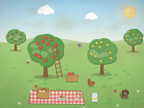 An orchard on a sunny afternoon: apple and pear trees, a wooden ladder, baskets of apples, hens pecking in the grass, a picnic blanket with a hamper, a jug of lemonade and a sleepy dog.