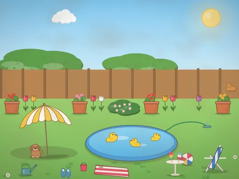 A sunny back garden with a blue paddling pool full of rubber ducks, a beach ball, a sprinkler, a striped deckchair with a towel, a parasol, a small table with ice lollies, a dog lying in the shade, sandals, a fence with flowers and a hedge.