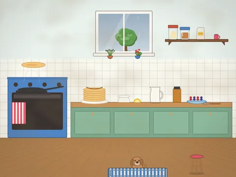 A kitchen on pancake day: a frying pan on the stove with a pancake flipping in the air, a tall stack of pancakes on a plate, lemon halves, a sugar bowl, a jug of batter, a whisk, a bowl of berries, a jar of syrup, a striped tea towel, a window with rain and a dog waiting by the table.