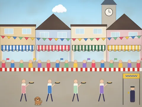 A high street on pancake day: runners in aprons with frying pans racing towards a finish banner, one pancake flipping in the air, crowds behind barriers with flags, shop fronts with awnings, a church clock, a judge with a stopwatch, bunting and a dog running alongside.